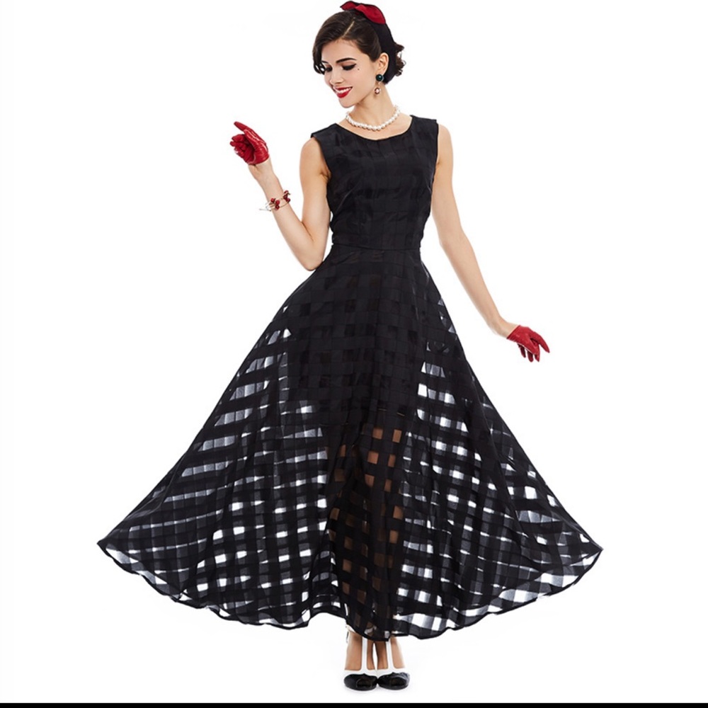 Black Organza Checkered Evening Semi-Sheer Bohemian Maxi Dress Size S Retro